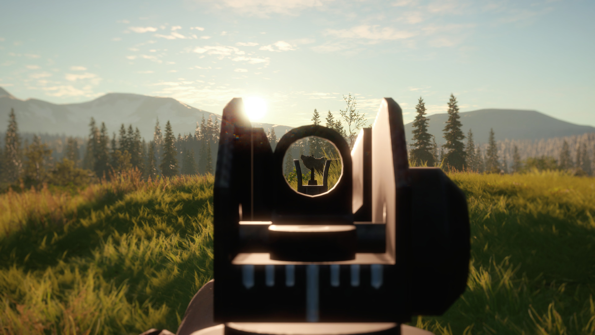 Looking down the sight of a rifle towards a wild animal in a forest area of theHunter: Call of the Wild.