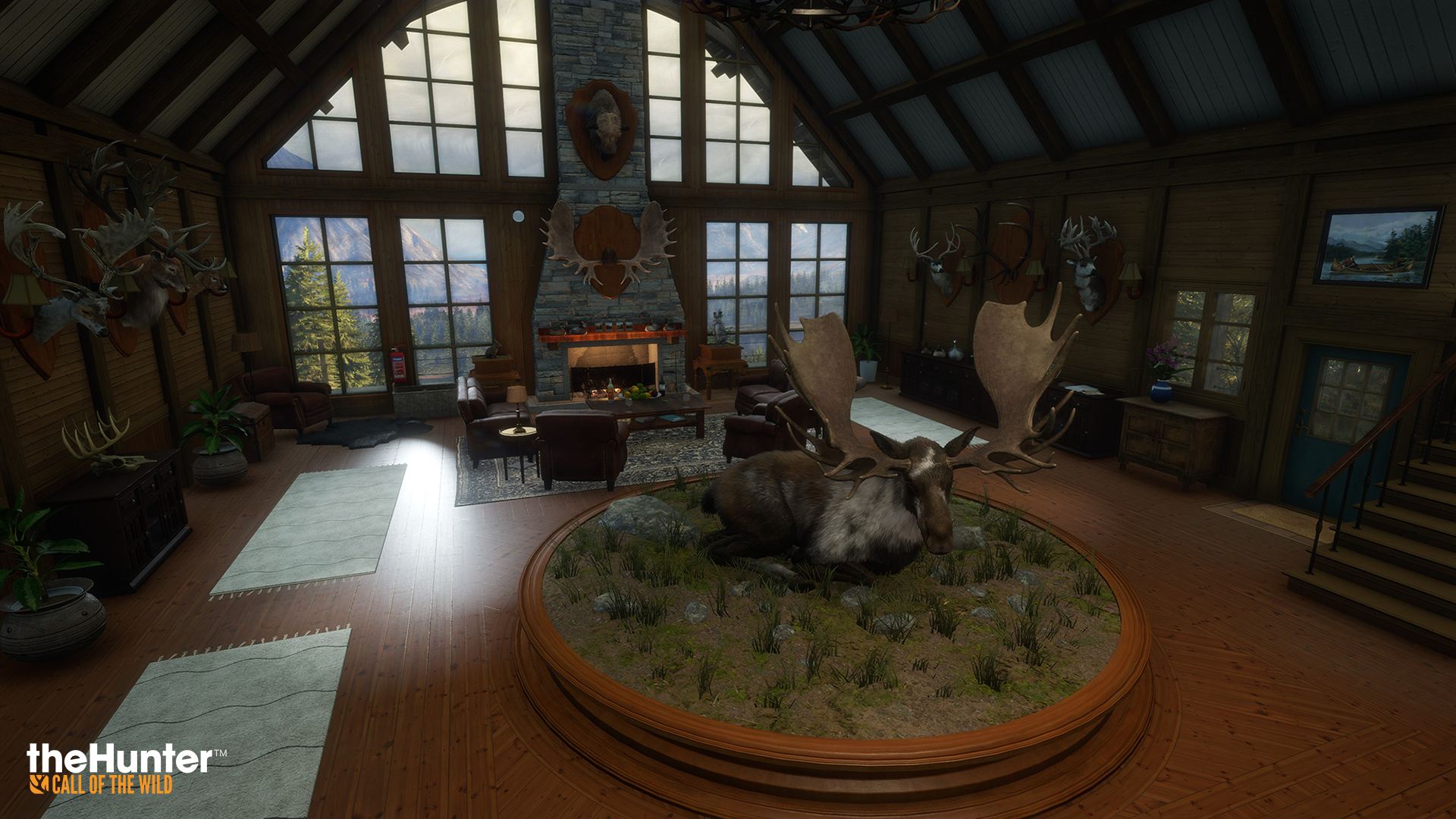 A screenshot of the Tree Trophy Cabin main room interior.