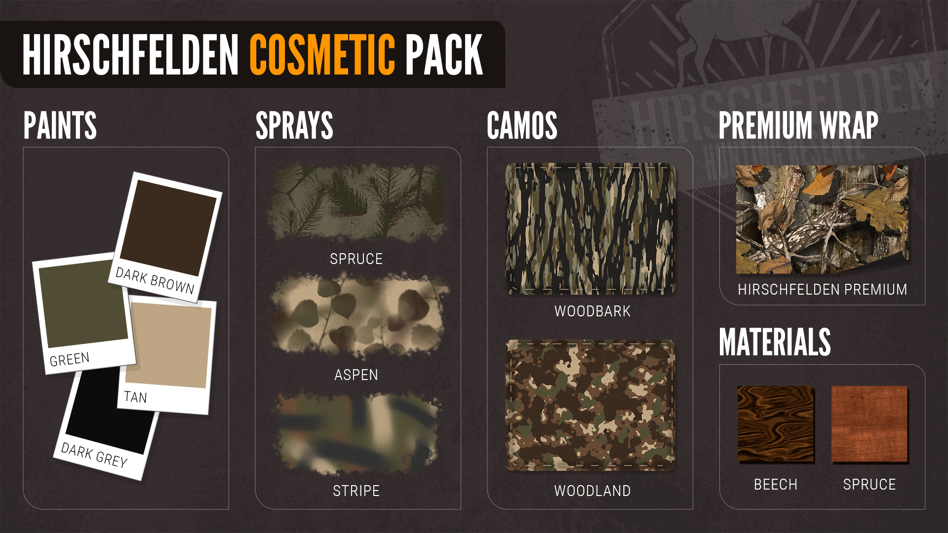 A selection preview of the Cosmetic options available in Hirschfelden Cosmetic Pack, available on all platforms. (Ver2)