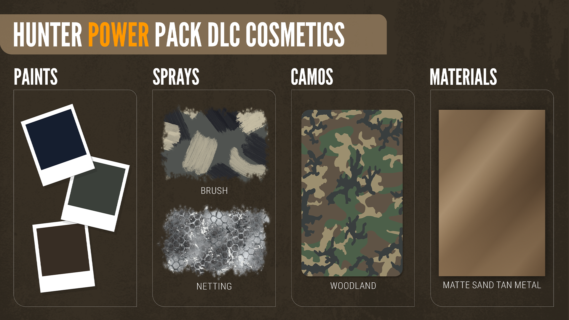 A selection preview of the Cosmetic options available in Hunter Power Pack, available on all platforms.