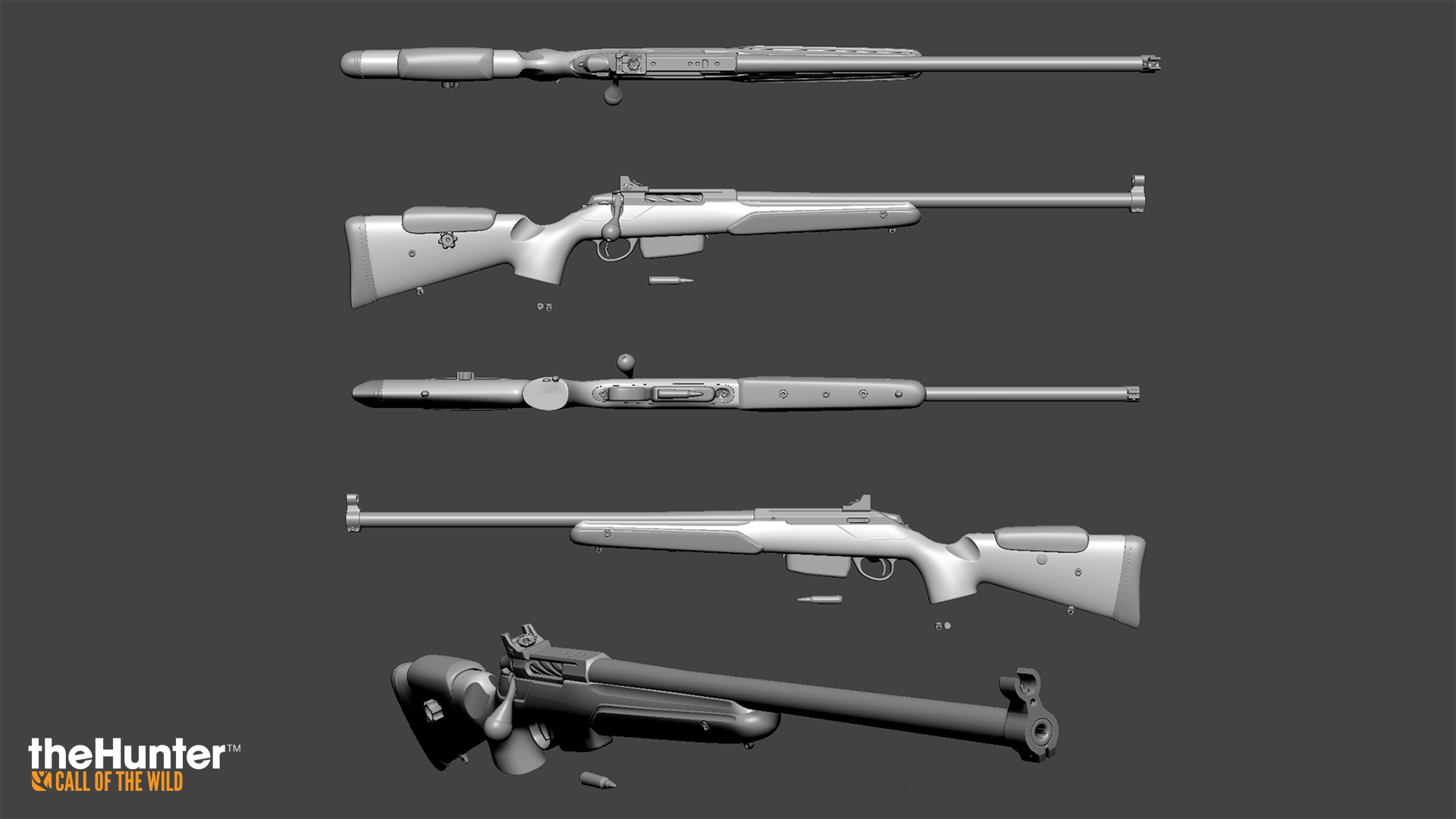 An image from the Call of the Wild weapons dev diary showing the evolution of weapon design.