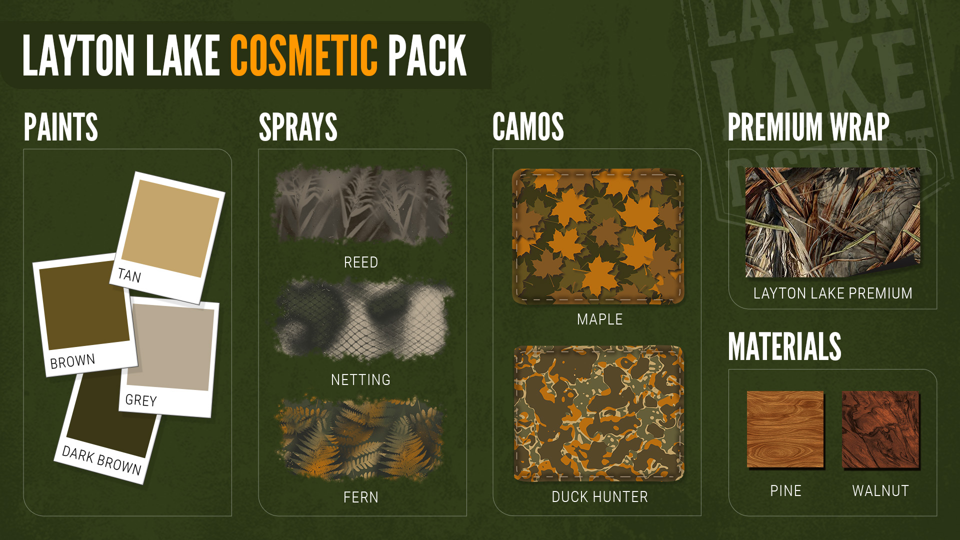 Infographic: The Layton Lake Cosmetic Pack contains a varied combination of 12 Paints, Sprays, Woods, Camos, and a Wrap.