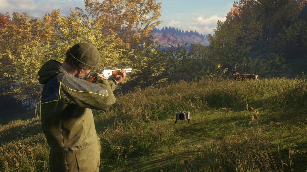 A third person gameplay capture of a hunter using the electronic caller to attract and successfully hunt their prey.