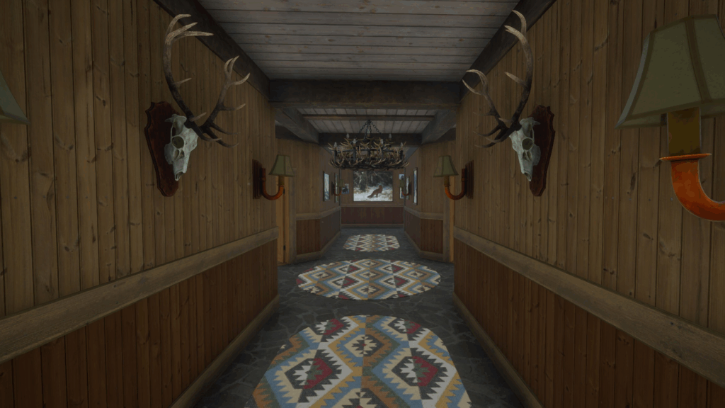 A corridor with wooden walls and multiple deer trophies mounted on them.