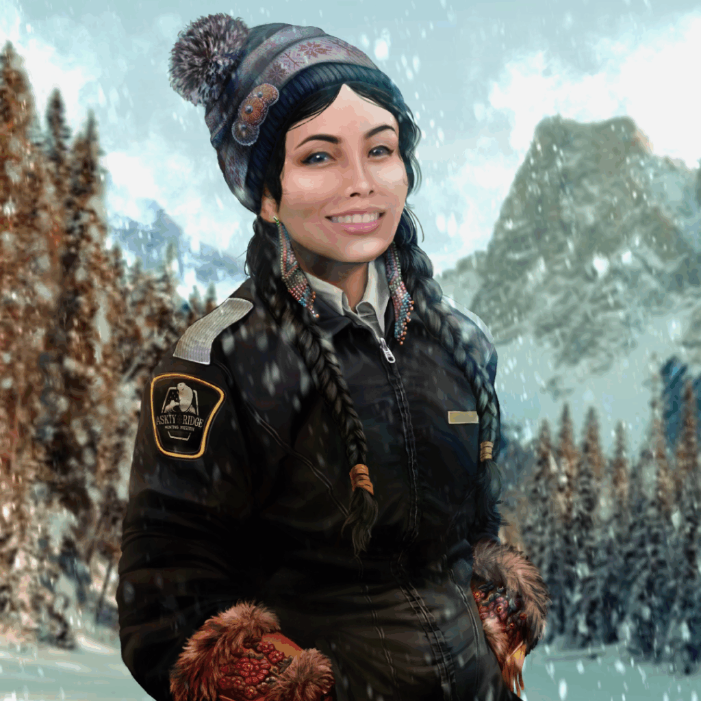 Picture of a young dark-haired woman dressed in a winter outfit in winter scenery. On her arm you can see an Askiy Ridge patch.
